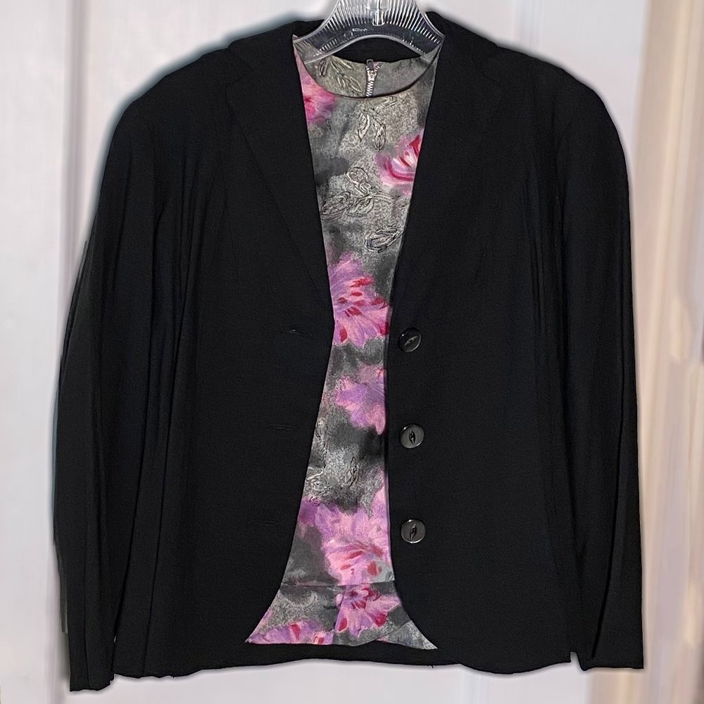 Vintage 1950s/1960s - Three-Piece Skirt Suit - Black Suit with Floral Top
